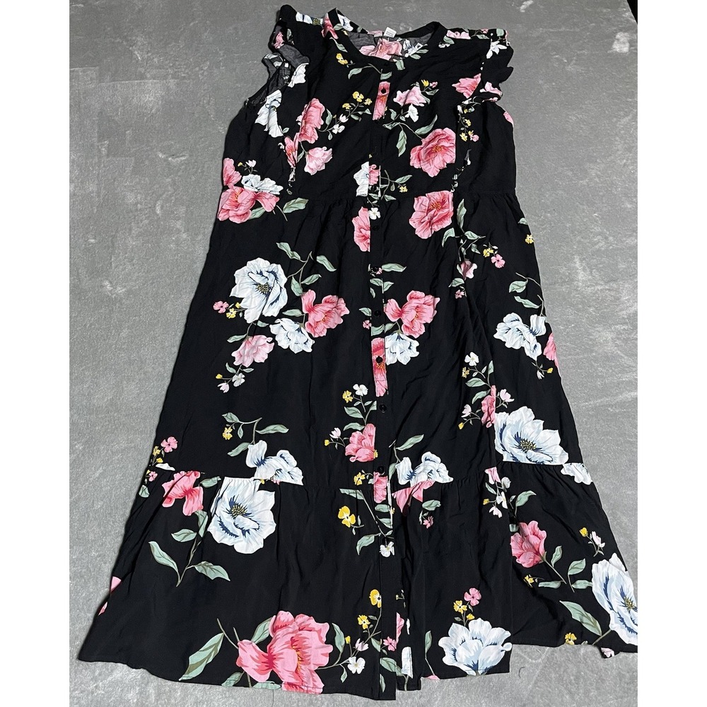 Old Navy Dress Womens XXL Black Floral Button Up Midi Whimsigoth Dark Fairy - Picture 1 of 5